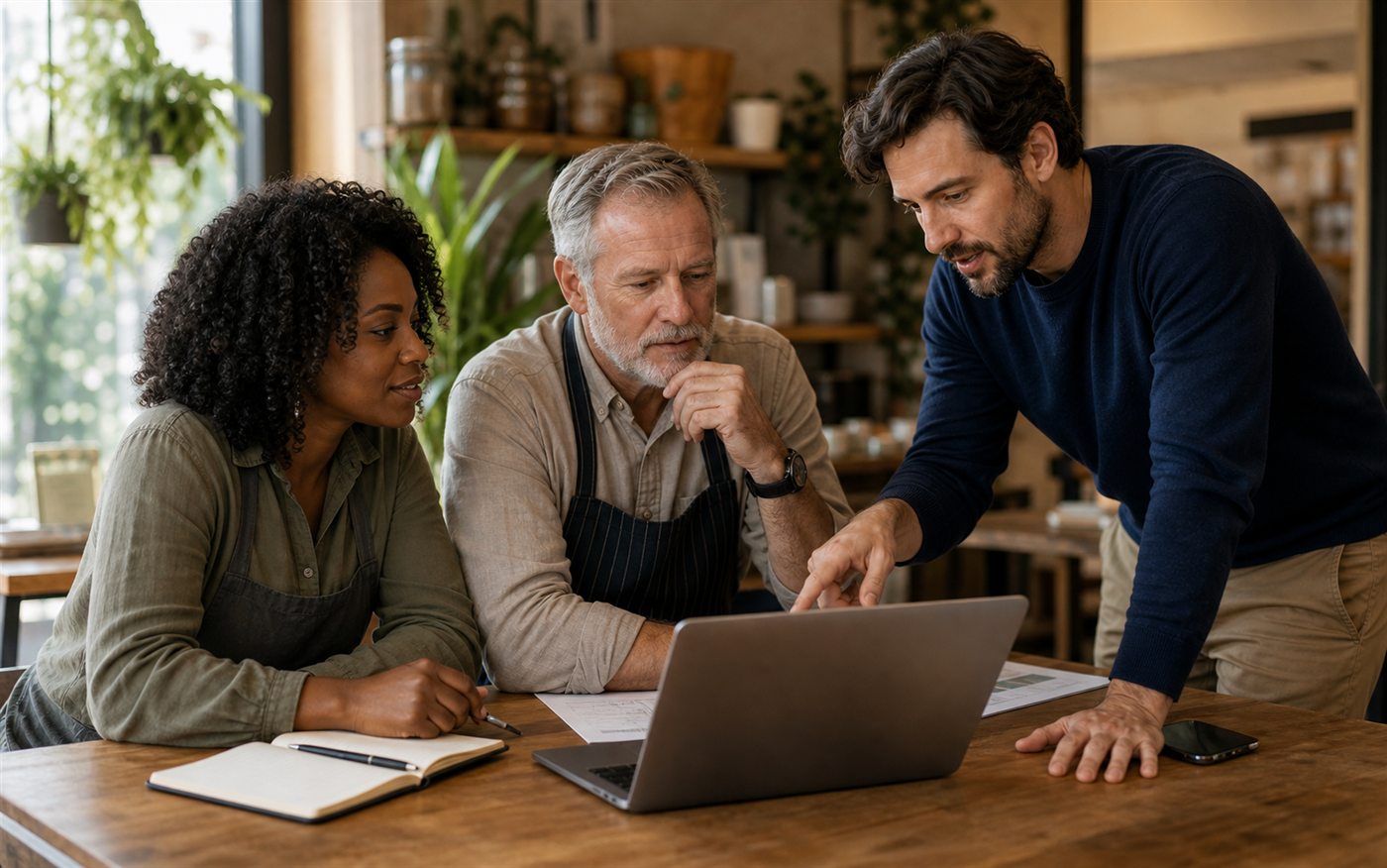 A male consultant showing practical AI workflow ideas to small business owners